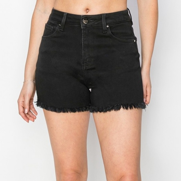 RISEN Black Cut-off Frayed High Rise Distressed Denim Mid-length Jean Shorts - Picture 11 of 16